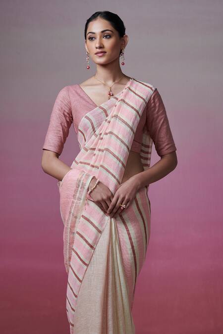 Buy_Dressfolk_Pink Linen Beads Handwoven Striped Saree With Running Blouse _Online_at_Aza_Fashions