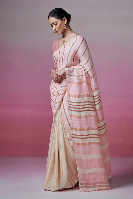 Shop_Dressfolk_Pink Linen Beads Handwoven Striped Saree With Running Blouse _Online_at_Aza_Fashions