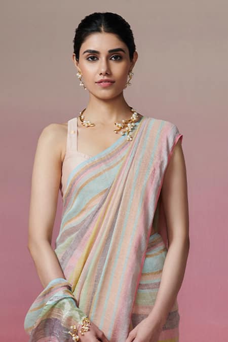 Dressfolk_Multi Color Linen Woven Saree With Running Blouse _Online_at_Aza_Fashions