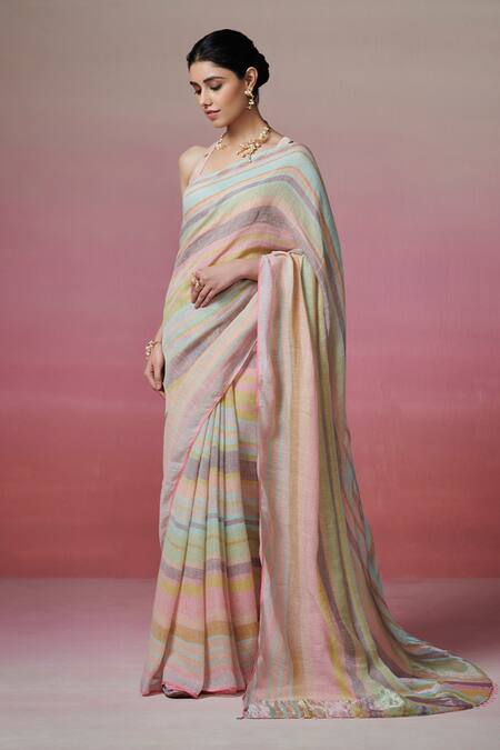 Buy_Dressfolk_Multi Color Linen Woven Saree With Running Blouse _Online_at_Aza_Fashions