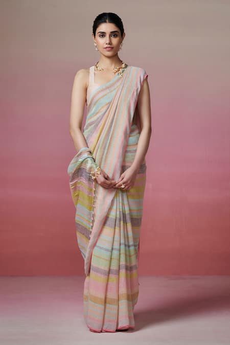 Dressfolk_Multi Color Linen Woven Saree With Running Blouse _at_Aza_Fashions