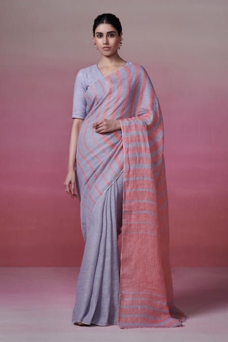 Dressfolk Pink Linen Woven Stripe Pattern Saree With Unstitched Blouse Piece 