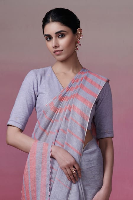 Dressfolk_Blue Linen Beads Woven Stripe Saree With Running Blouse _Online_at_Aza_Fashions