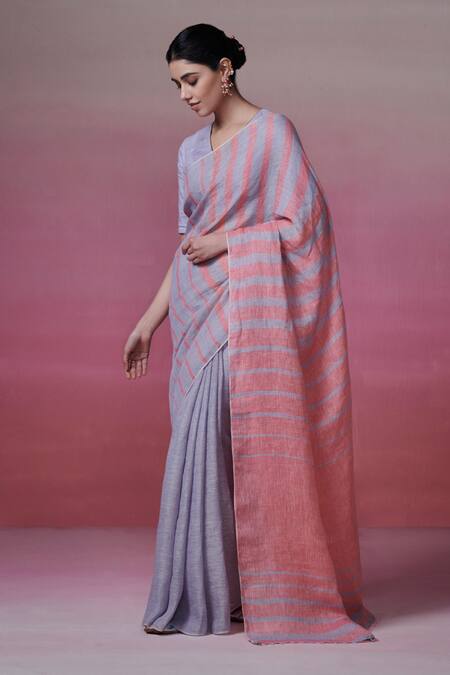 Buy_Dressfolk_Blue Linen Beads Woven Stripe Saree With Running Blouse _Online_at_Aza_Fashions