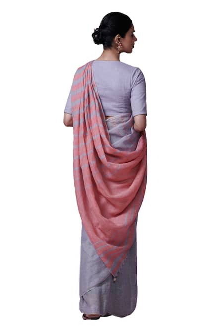 Shop_Dressfolk_Blue Linen Beads Woven Stripe Saree With Running Blouse _Online_at_Aza_Fashions