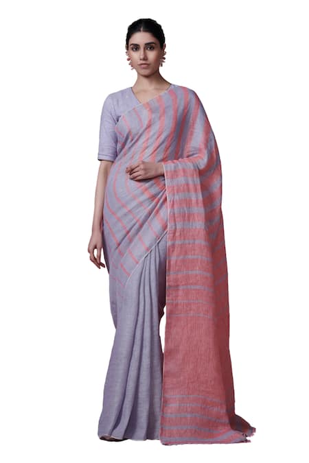 Dressfolk_Blue Linen Beads Woven Stripe Saree With Running Blouse _at_Aza_Fashions