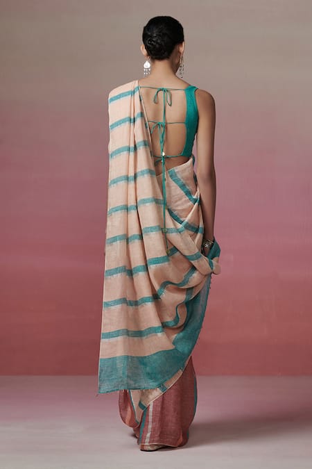 Shop Dressfolk Peach Silk Beads Handwoven Saree With Running Blouse at Aza Fashions Shop_Dressfolk_Peach Silk Beads Handwoven Saree With Running Blouse _at_Aza_Fashions