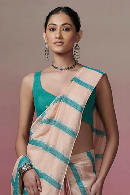 Dressfolk Peach Silk Beads Handwoven Saree With Running Blouse Online at Aza Fashions Dressfolk_Peach Silk Beads Handwoven Saree With Running Blouse _Online_at_Aza_Fashions