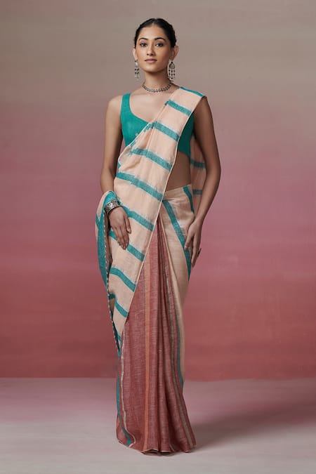 Shop Dressfolk Peach Silk Beads Handwoven Saree With Running Blouse Online at Aza Fashions Shop_Dressfolk_Peach Silk Beads Handwoven Saree With Running Blouse _Online_at_Aza_Fashions