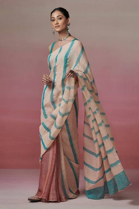 Dressfolk Peach Silk Beads Handwoven Saree With Running Blouse at Aza Fashions Dressfolk_Peach Silk Beads Handwoven Saree With Running Blouse _at_Aza_Fashions