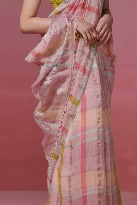 Dressfolk_Pink Linen Zari, Beads Handwoven Saree With Running Blouse_Online_at_Aza_Fashions