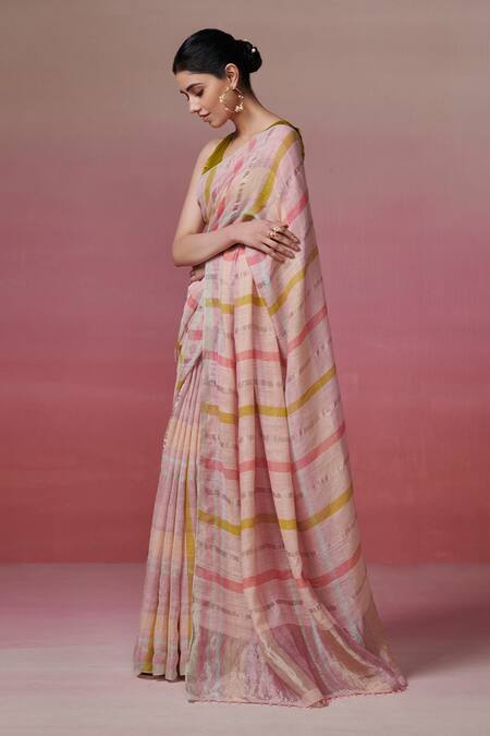 Shop_Dressfolk_Pink Linen Zari, Beads Handwoven Saree With Running Blouse_Online_at_Aza_Fashions