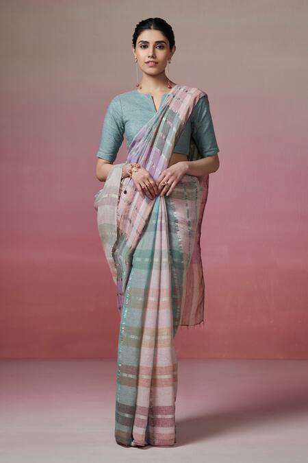 Buy_Dressfolk_Multi Color Linen Zari, Multicolored Handwoven Work Saree With Running Blouse_Online_at_Aza_Fashions