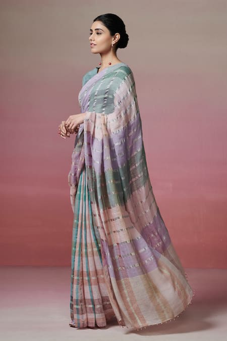 Shop_Dressfolk_Multi Color Linen Zari, Multicolored Handwoven Work Saree With Running Blouse_Online_at_Aza_Fashions