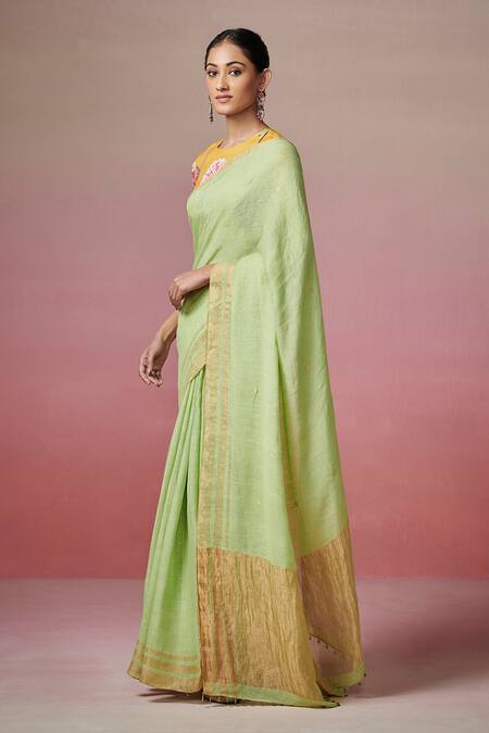 Dressfolk Green Linen Handwoven Saree With Running Blouse Online at Aza Fashions Dressfolk_Green Linen Handwoven Saree With Running Blouse _Online_at_Aza_Fashions