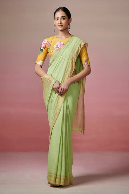 Shop Dressfolk Green Linen Handwoven Saree With Running Blouse Online at Aza Fashions Shop_Dressfolk_Green Linen Handwoven Saree With Running Blouse _Online_at_Aza_Fashions