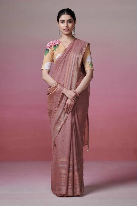 Dressfolk_Pink Linen Zari Onion Handwoven Saree With Running Blouse_Online_at_Aza_Fashions