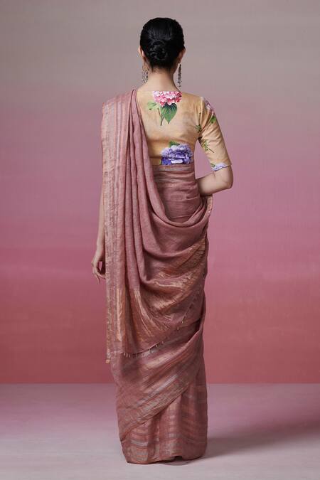 Shop_Dressfolk_Pink Linen Zari Onion Handwoven Saree With Running Blouse_Online_at_Aza_Fashions