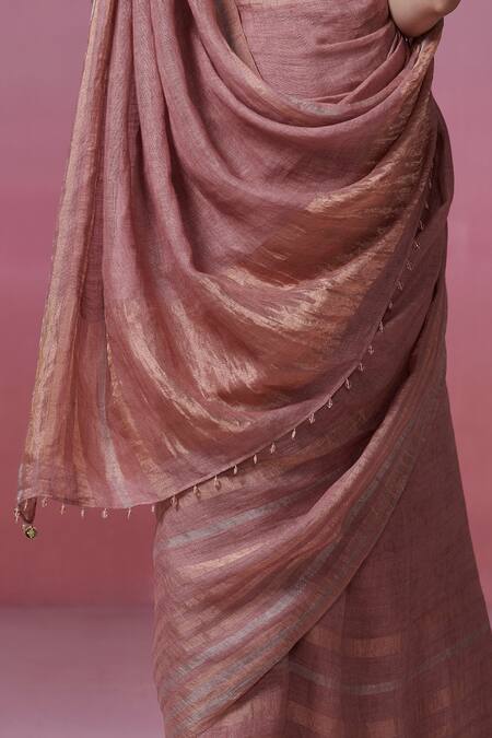 Buy_Dressfolk_Pink Linen Zari Onion Handwoven Saree With Running Blouse