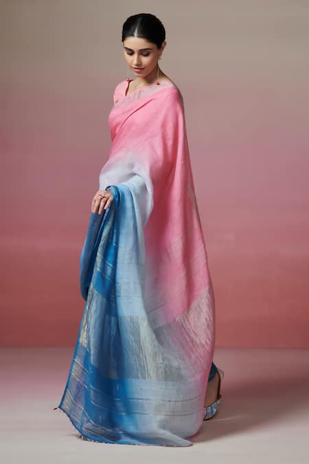 Buy_Dressfolk_Pink Linen Zari Pastel Handwoven Saree With Running Blouse _Online_at_Aza_Fashions