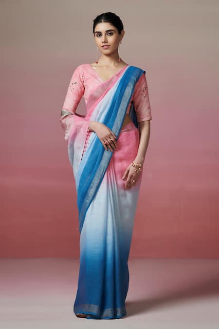 Shop_Dressfolk_Pink Linen Zari Pastel Handwoven Saree With Running Blouse _Online_at_Aza_Fashions