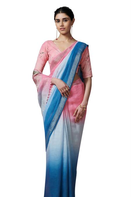 Buy_Dressfolk_Pink Linen Zari Pastel Handwoven Saree With Running Blouse 