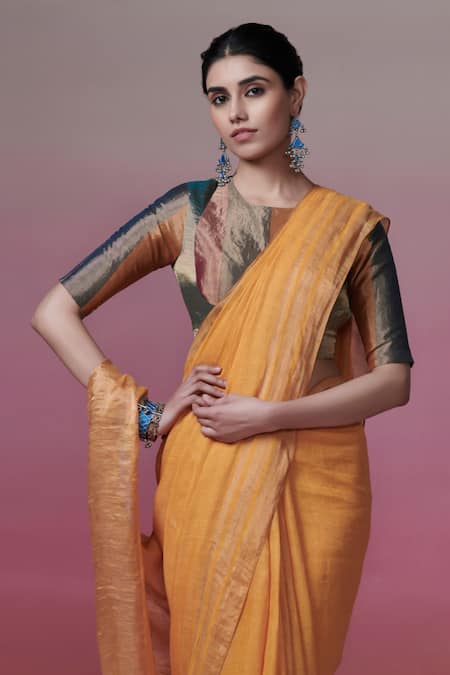 Dressfolk_Yellow Linen Mango Handwoven Saree With Running Blouse_Online_at_Aza_Fashions