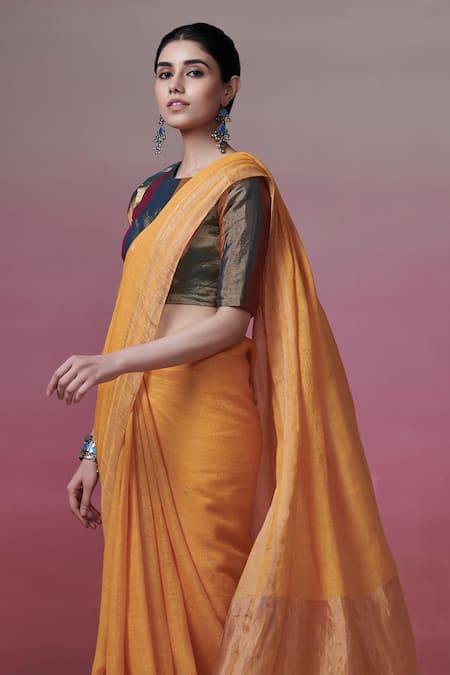 Buy_Dressfolk_Yellow Linen Mango Handwoven Saree With Running Blouse_Online_at_Aza_Fashions