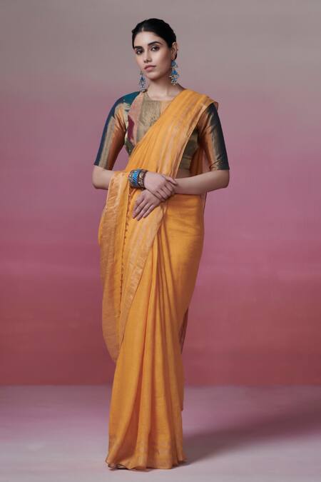 Shop_Dressfolk_Yellow Linen Mango Handwoven Saree With Running Blouse_Online_at_Aza_Fashions