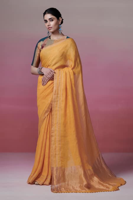 Dressfolk_Yellow Linen Mango Handwoven Saree With Running Blouse_at_Aza_Fashions