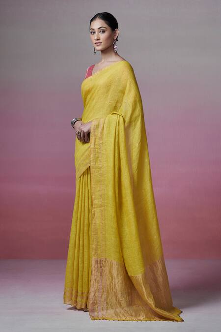 Dressfolk_Yellow Linen Beads Lime Handwoven Saree With Running Blouse_Online_at_Aza_Fashions