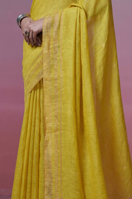 Buy_Dressfolk_Yellow Linen Beads Lime Handwoven Saree With Running Blouse_Online_at_Aza_Fashions
