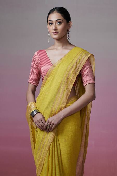 Shop_Dressfolk_Yellow Linen Beads Lime Handwoven Saree With Running Blouse_Online_at_Aza_Fashions