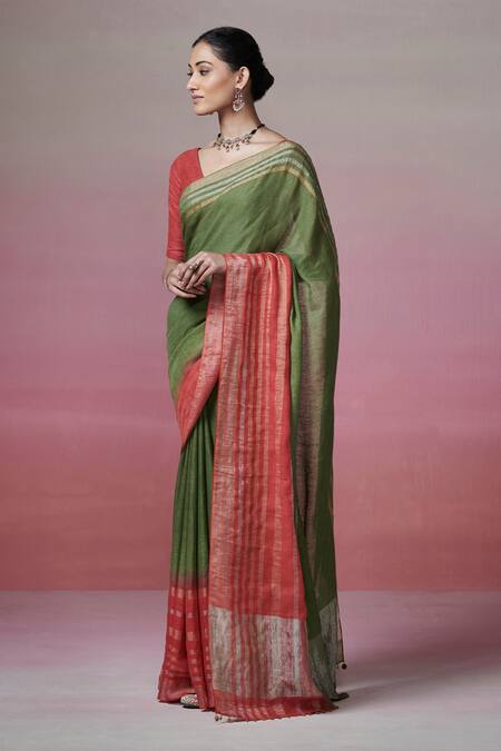 Dressfolk_Green Linen Beads Handwoven Saree With Running Blouse _Online_at_Aza_Fashions