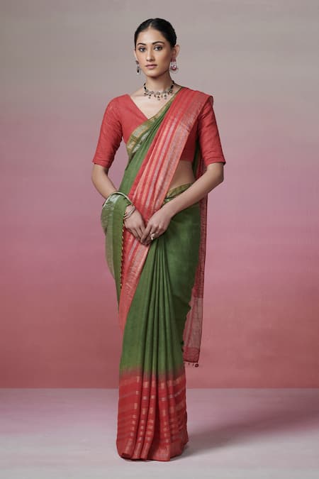 Buy_Dressfolk_Green Linen Beads Handwoven Saree With Running Blouse _Online_at_Aza_Fashions