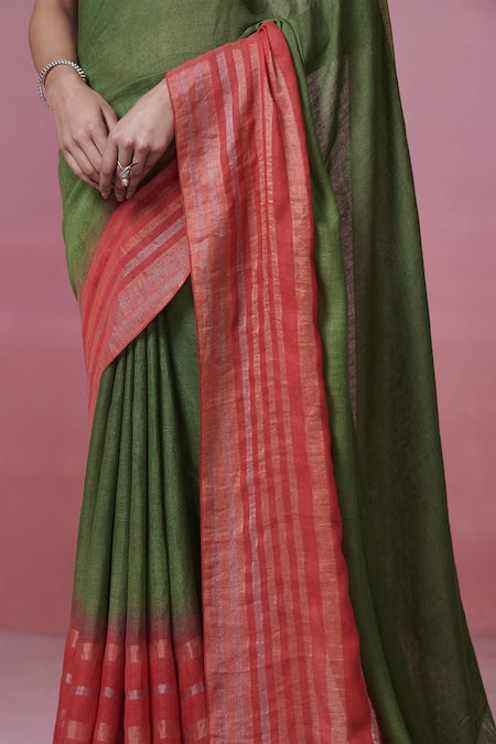 Shop_Dressfolk_Green Linen Beads Handwoven Saree With Running Blouse _Online_at_Aza_Fashions