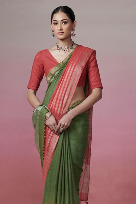 Dressfolk_Green Linen Beads Handwoven Saree With Running Blouse _at_Aza_Fashions