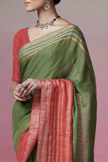 Buy_Dressfolk_Green Linen Beads Handwoven Saree With Running Blouse 