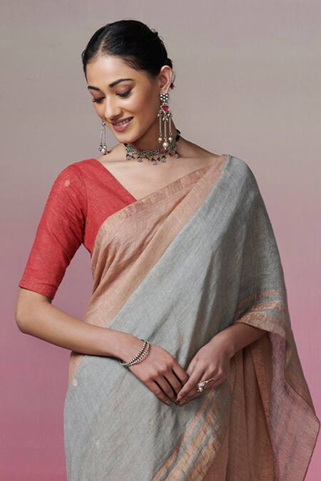 Dressfolk_Gold Linen Grey Handwoven Saree With Running Blouse_Online_at_Aza_Fashions