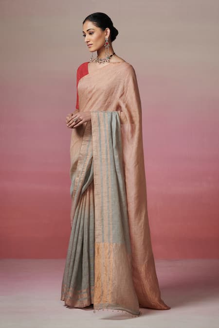 Buy_Dressfolk_Gold Linen Grey Handwoven Saree With Running Blouse_Online_at_Aza_Fashions