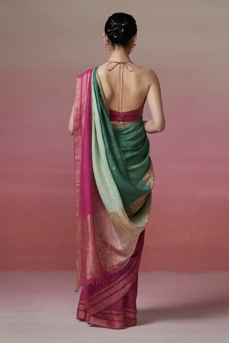 Shop Dressfolk Green Linen Zari Ombre Handwoven Saree With Running Blouse at Aza Fashions Shop_Dressfolk_Green Linen Zari Ombre Handwoven Saree With Running Blouse_at_Aza_Fashions