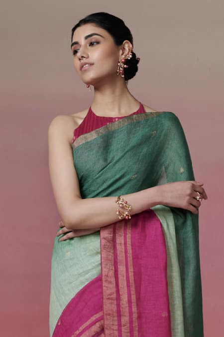 Dressfolk Green Linen Zari Ombre Handwoven Saree With Running Blouse Online at Aza Fashions Dressfolk_Green Linen Zari Ombre Handwoven Saree With Running Blouse_Online_at_Aza_Fashions