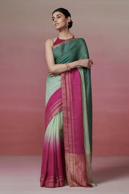 Shop Dressfolk Green Linen Zari Ombre Handwoven Saree With Running Blouse Online at Aza Fashions Shop_Dressfolk_Green Linen Zari Ombre Handwoven Saree With Running Blouse_Online_at_Aza_Fashions
