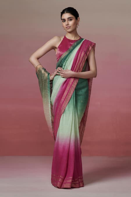 Dressfolk Green Linen Zari Ombre Handwoven Saree With Running Blouse at Aza Fashions Dressfolk_Green Linen Zari Ombre Handwoven Saree With Running Blouse_at_Aza_Fashions