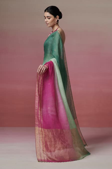Buy Dressfolk Green Linen Zari Ombre Handwoven Saree With Running Blouse Buy_Dressfolk_Green Linen Zari Ombre Handwoven Saree With Running Blouse