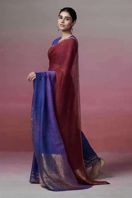 Dressfolk Purple Linen Zari Ombre Saree With Running Blouse Online at Aza Fashions Dressfolk_Purple Linen Zari Ombre Saree With Running Blouse_Online_at_Aza_Fashions