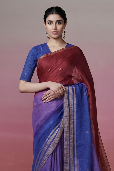 Buy Dressfolk Purple Linen Zari Ombre Saree With Running Blouse Online at Aza Fashions Buy_Dressfolk_Purple Linen Zari Ombre Saree With Running Blouse_Online_at_Aza_Fashions