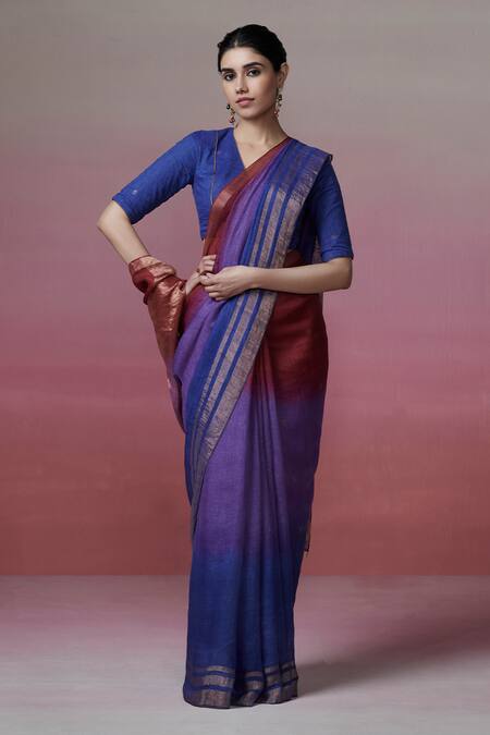 Shop Dressfolk Purple Linen Zari Ombre Saree With Running Blouse Online at Aza Fashions Shop_Dressfolk_Purple Linen Zari Ombre Saree With Running Blouse_Online_at_Aza_Fashions