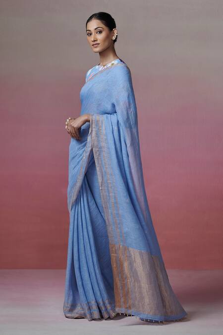 Dressfolk_Blue Linen Zari Dream Handwoven Saree With Running Blouse_Online_at_Aza_Fashions