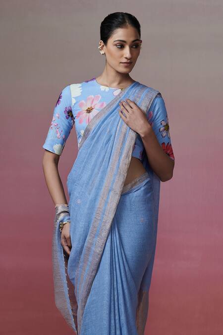 Buy_Dressfolk_Blue Linen Zari Dream Handwoven Saree With Running Blouse_Online_at_Aza_Fashions